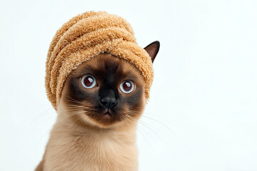 Funny cat with blue eyes wearing a towel turban on its head, looking surprised against a clean white background
