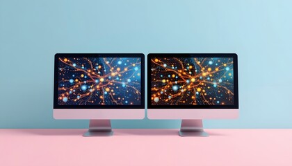 dual monitors with sparkles, flat pastel style, light blue screen
