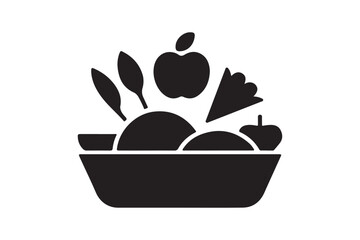 Stylized black icon of a bowl filled with assorted fruits and leaves