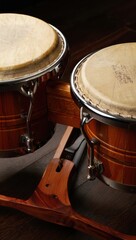 Detailed view of wooden bongo drums with leather heads, representing Latin and Afro-Cuban musical heritage.
