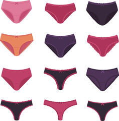 Vector illustration set of colorful women's underwear, including various styles of panties and briefs, ideal for lingerie, intimate apparel, comfort, and fashion concepts on white background.