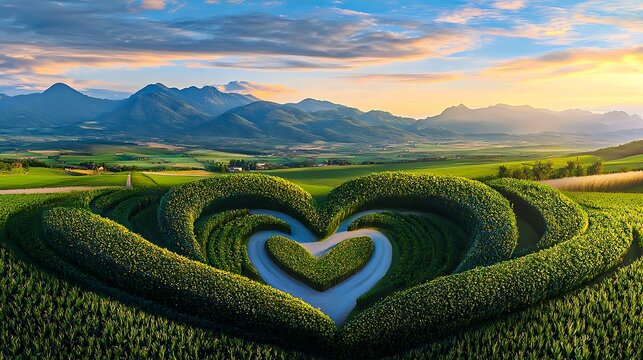 Heart shaped green bushes in scenic valley landscape during sunrise

