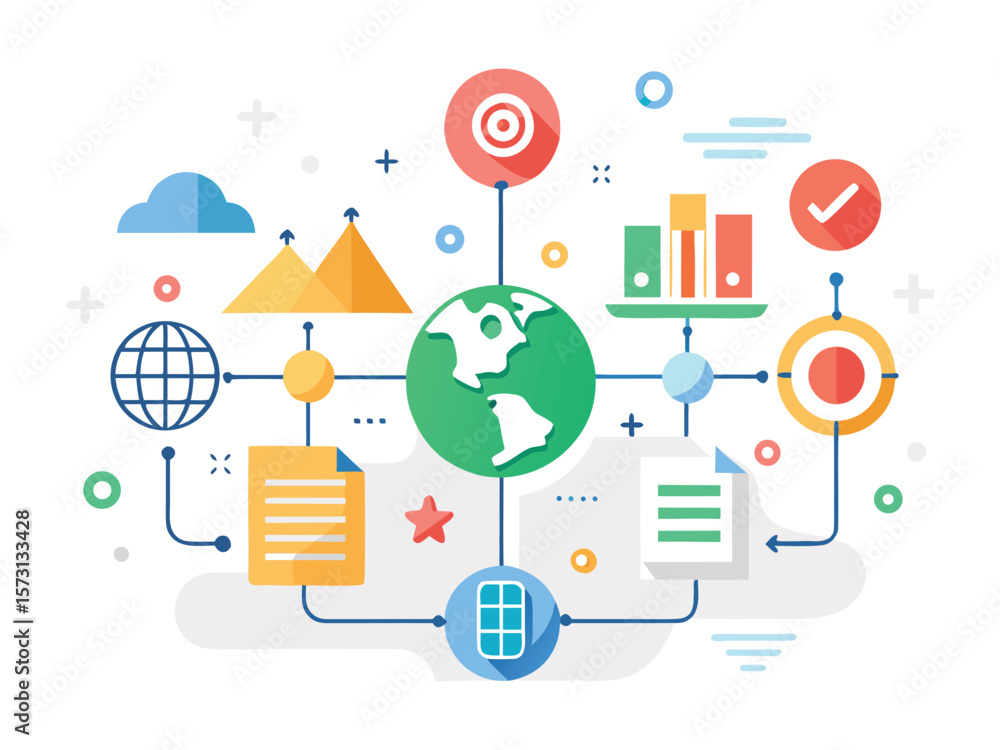 Poster global data analysis and business strategy concept with interconnected icons and elements isolated o