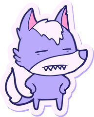 sticker of a cartoon wolf showing teeth in bright neon color