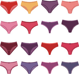 Vector illustration set of colorful women's underwear, including various styles of panties and briefs, ideal for lingerie, intimate apparel, comfort, and fashion concepts on white background.