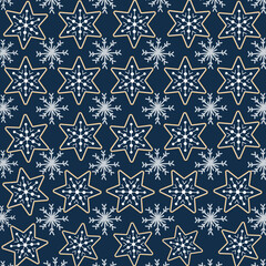 Seamless pattern of stylized snowflakes and stars on a blue background. 
