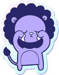 sticker of a crying cartoon lion in bright neon color