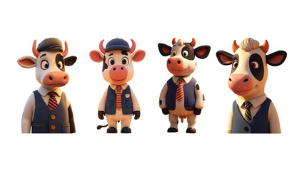 Obraz premium Charming cartoon cows dressed smartly in office attire, providing a whimsical and adorable element for branding, character design, and delightful artistic projects.