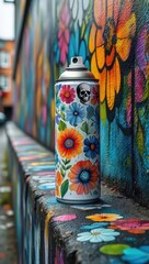 Colorful spray paint can decorated with flowers and skulls placed on a ledge with vibrant floral street art in the background. Floral spray paint can in urban mural scene

