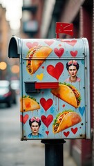 Colorful street mailbox covered in taco illustrations, red hearts, and a portrait resembling iconic Mexican art, evoking cultural love.
