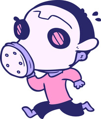 cartoon man wearing gas mask in bright neon color