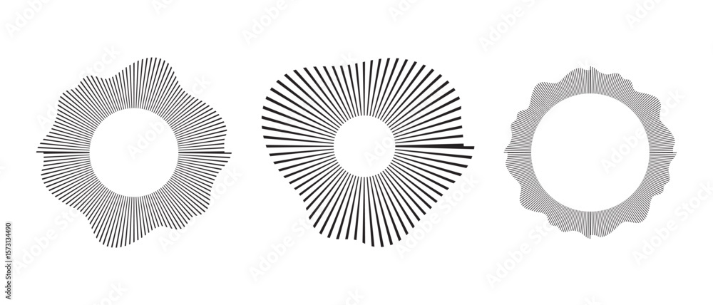 Poster circular frame. round shape. radial black concentric particles. ring of short thin rays with wavy si