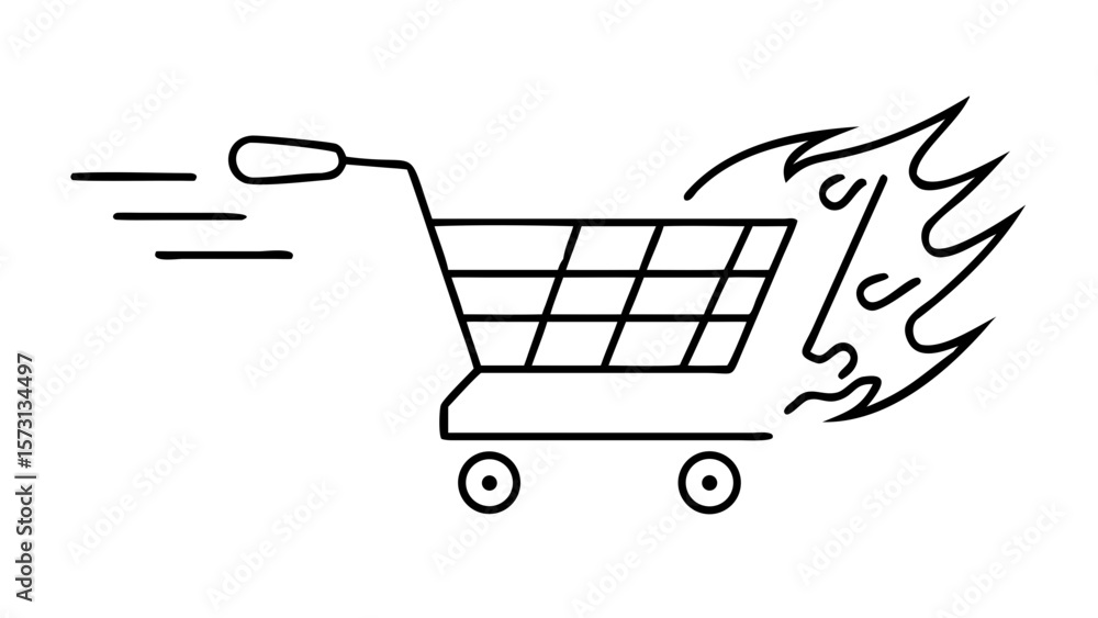 Poster shopping cart in flames moving fast in minimal outline style