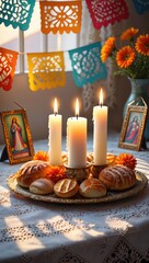 Traditional Día de los Muertos altar setup with lit candles, pan de muerto bread, marigolds, and colorful papel picado decorations.
