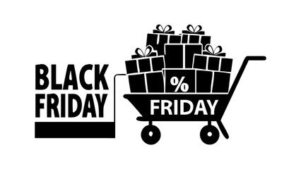 Black Friday cart with stacked gift boxes and percent symbol