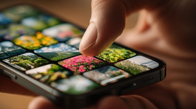Hand touching phone screen, photo gallery