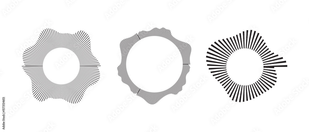 Poster circular frame. round shape. radial black concentric particles. ring of short thin rays with wavy si