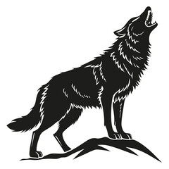 Fototapeta premium Majestic black wolf howling at the moon on rocky terrain