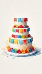 Three-tiered white cake decorated with vibrant mini papel picado banners and colorful frosting, perfect for festive Latin celebrations.
