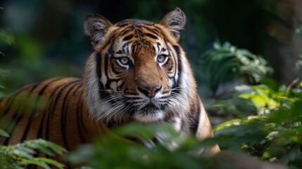 Fototapeta premium Close-up portrait of an Asian tiger in the jungle, intense gaze amidst lush greenery and emphasizing the wild beauty of wildlife through natural lighting. 