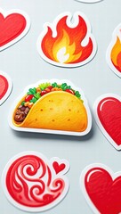 Playful collection of illustrated stickers including a taco, hearts, flames, and swirls arranged on a clean light background.
