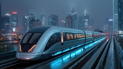 Futuristic maglev train travelling through a modern cityscape at nighttime