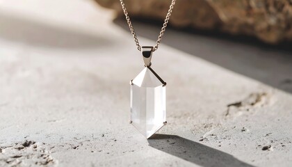 Wearing Quartz Crystal Pendant Necklace Close Up on Stone Table