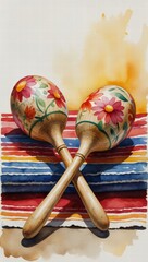 Traditional wooden maracas decorated with floral patterns placed on a striped fabric, representing Latin American musical heritage.
