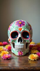 Brightly colored sugar skull with floral and heart motifs, symbolizing Día de los Muertos and honoring loved ones with joy.
