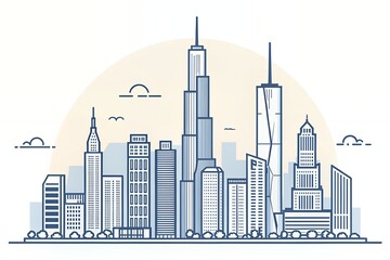 A stylized flat design illustration of a modern city skyline featuring various tall buildings and skyscrapers against a pale yellow circular background with clouds and birds