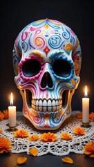 Vibrantly painted sugar skull surrounded by candles, representing Día de los Muertos traditions and honoring loved ones who passed.
