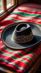 Classic black sombrero with detailed embroidery resting on a vibrant red, green, and white striped fabric, symbolizing Mexican heritage.
