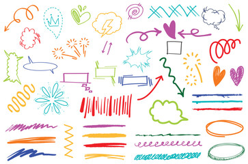 Vibrant collection of colorful hand-drawn sketch elements including arrows, speech bubbles, stars, swirls, underlines, and expressive accents for creative design use.