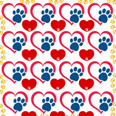 Fototapeta premium Seamless pattern featuring red and blue paw prints on a white background