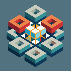Obraz premium Abstract geometric composition featuring isometric cubes in earthy tones arranged on a subtle blue-gray background