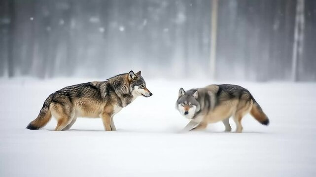 Majestic Wolves in a Winter Wonderland Two Wolves Encounter in Snowy Forest