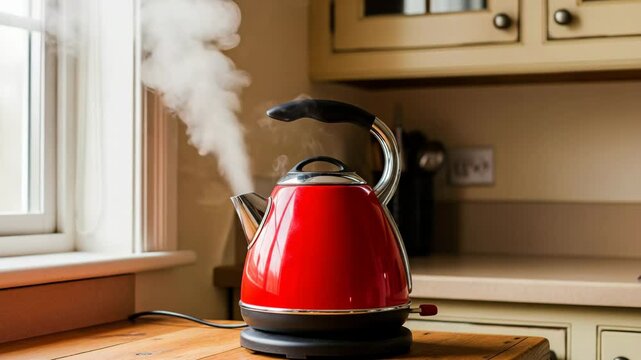 A red kettle boils water in the kitchen, releasing steam. A cozy home atmosphere. Steam rises from a boiling red electric kettle standing on a wooden countertop by the window. Morning at home.