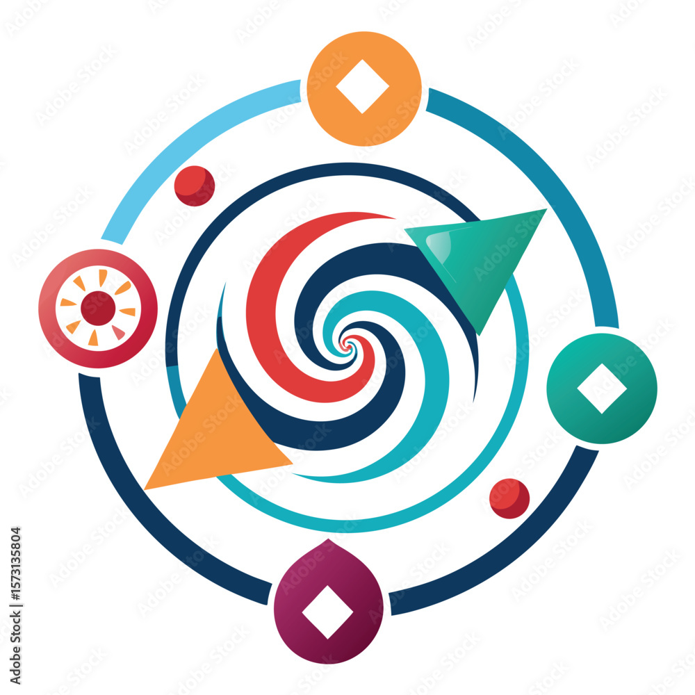 Poster abstract geometric design featuring a spiral in a colorful circular arrangement with arrow-like shap