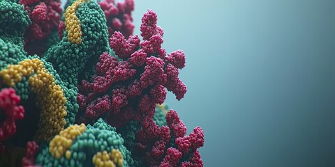 Close-up of a complex molecular structure, featuring clusters of vibrant red and teal, with subtle golden accents, against a soft teal background