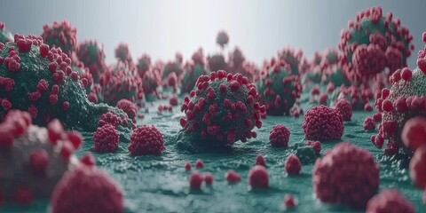 Close-up view of many virus particles