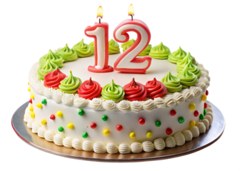 12th years birthday cake, isolated on white background, PNG