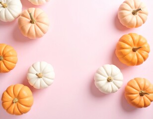 White And orange, autumn pumpkins on a plain pink background, cute fall wallpaper with copy space for text