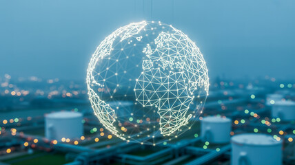 A digital composite image of a glowing white globe with interconnected lines and dots against a blurred industrial background.