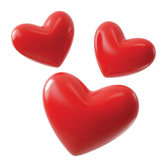 Fototapeta premium Three glossy red hearts float serenely, symbolizing love and affection against a pristine white backdrop