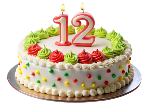 12th years birthday cake, isolated on white background, PNG