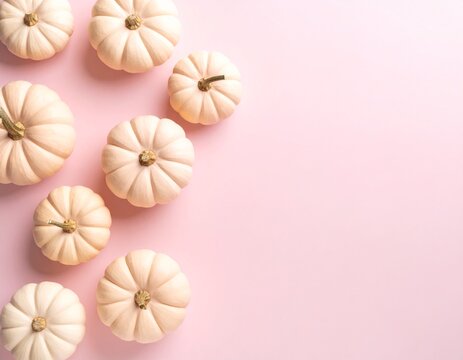 White autumn pumpkins on a plain pink background, cute fall wallpaper with copy space for text