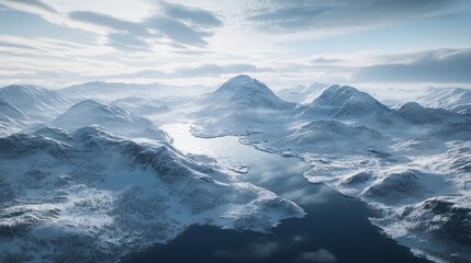 Majestic mountain valley with winding river and grassy hills under a cloudy sky