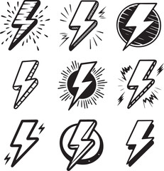 Hand Drawn Lightning Bolt Icons Set – Vector Flash Symbols Collection