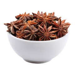 Bowl of star anise is sitting on a white background