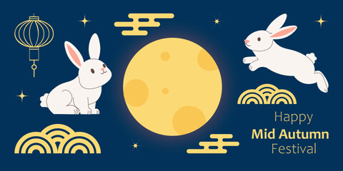 Playful rabbits with full moon and lantern celebrating mid-autumn festival. Vector set